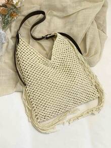 Vintage Hollow Tassel Woven Shoulder Bag, Adjustable Strap, Minimalist Elegant Commuting Tote Bag, Lightweight - White - View 1