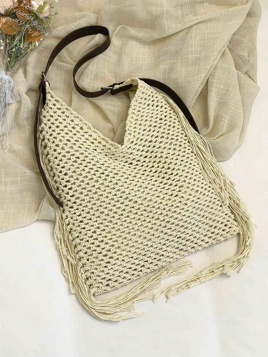 Vintage Hollow Tassel Woven Shoulder Bag, Adjustable Strap, Minimalist Elegant Commuting Tote Bag, Lightweight - White - View 1
