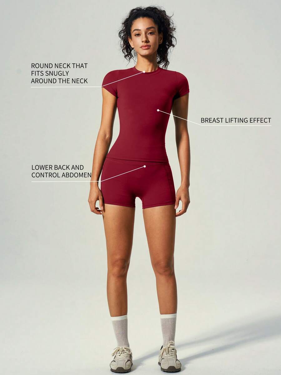 UONNOU Pocket Workout Set, Crew Neck Top & Peach Lifting Seamless Shorts Sports Red - Red - View 1
