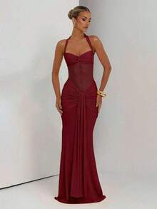 Vestido con tirantes finos, espalda descubierta, cintura ceñida y abertura alta, vestido de fiesta de vacaciones con parches de malla para boda - Burdeos - Ver 4