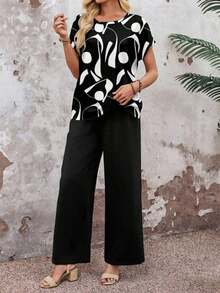 Set de 2 piezas con top de manga corta y pantalón de pierna ancha con estampado geométrico para mujer - Blanco y Negro - Ver 3