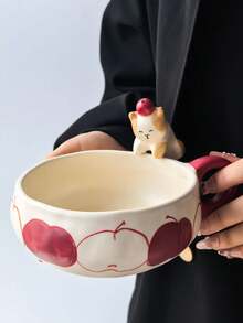 1pc Ceramic Cat Hanging Bowl, Cute 3D Cat & Hand-Painted Apple Bowl, Large Capacity Salad Bowl, Cute & Personalized, Dishwasher & Sterilizer - Multicolor - View 10