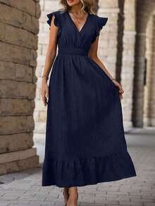 Solid Ruffle Hem Dress Burgundy Maxi Vacation Beach Outfits Women - 藏蓝色 - 查看 3