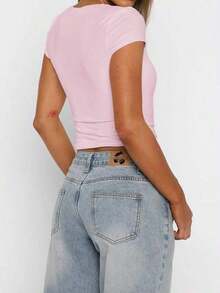 Blusa ajustada y sexy de punto para mujer , camiseta casual de cuello cuadrado de unicolor, primavera/verano - Rosa - Ver 5