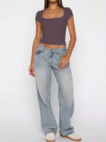 y sexy de punto para mujer Vaiaye, camiseta casual de cuello cuadrado de unicolor, blanco para primavera/verano - gris morado - Ver 6