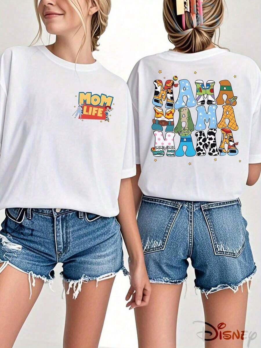 Disney Official Licensed, , Toy Story, MOM LIFE, Character Letters, Double-Sided Print, 100% Cotton, Crew Neck T-Shirt, Family Trip Style, Casual Wear, Spring & Summer Top, Movie Merch, Fan Collectible - White - View 1