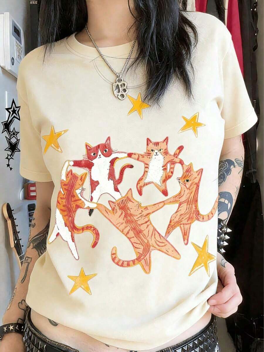 Gift Summer T-Shirt Y2K Style New Hip-Hop With Dancing Cat And Star Print, Unisex Retro T-Shirt, Cool, Versatile, Comfortable And Loose Summer Short Sleeve 2P7USoft - 杏 - 查看 1