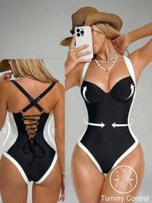 Shapewave Traje de baño de una pieza con control de abdomen, con abertura lateral, push-up y efecto estilizante, en marrón y beige para mujer - Blanco y Negro - Ver 3