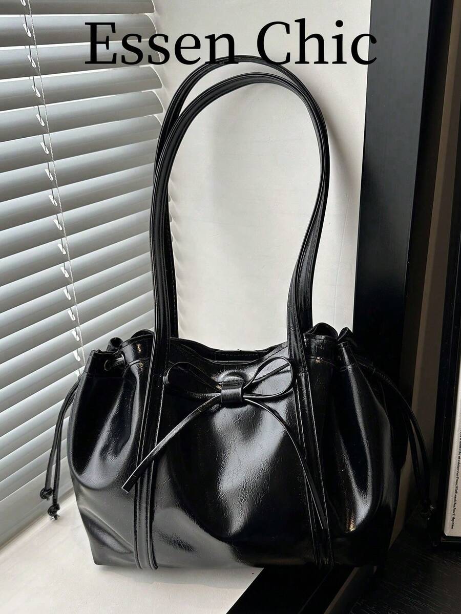 1pc Black Vintage Minimalist Solid Color PU Tote Bag, Large Capacity Women Shoulder Bag, Autumn/Winter - Black - View 1