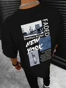 Camiseta gráfica con eslogan para hombre, vacaciones - Negro - Ver 1
