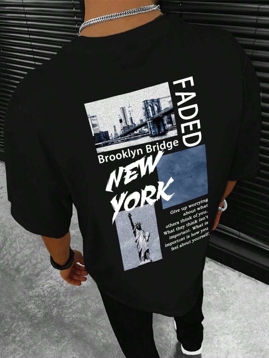 Camiseta gráfica con eslogan para hombre, vacaciones - Negro - Ver 1