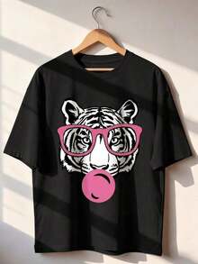 1 Pieza de Moda Casual para Hombres y Mujeres. Camiseta casual de manga corta y cuello redondo para mujer, de poliéster, con estampado de tigre. Versátil, fácil de combinar, adecuada para uso diario, estilo urbano, ropa de vacaciones, ropa de fin de semana. - Negro - Ver 3