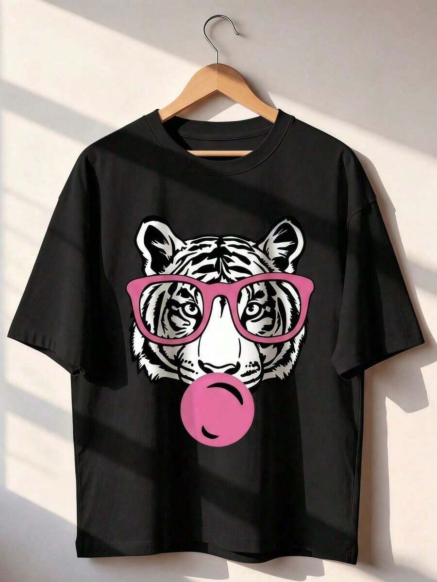 Camiseta Casual de Mujer de Manga Corta, Cuello Redondo, de Poliéster con Estampado de Tigre - Negro - Ver 1
