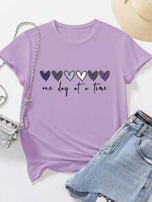 Camiseta casual de mujer con estampado de corazón y letras, para verano - Morado - Ver 2