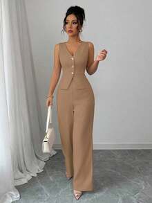 Conjunto de camiseta sin mangas y pantalones elegante para mujer, estilo de oficina y transporte, atuendo de otoño para maestros - Mostaza Amarilla - Ver 5