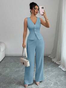 Conjunto de camiseta sin mangas y pantalones elegante para mujer, estilo de oficina y transporte, atuendo de otoño para maestros - Niebla azul - Ver 1