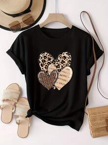 Leopard Print T-Shirt With Heart Design - Short Sleeve, Round Neck, Casual Style With Appliques And Graphics, Breathable For All Seasons, Ideal For Matching Outfits With Sisters, Events, Travel - Comfortable Medium Elasticity Blouse For Everyday Wear - 黑色 - 查看 5