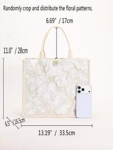 1 buah Tas Tote Wanita Putih dengan Aplikasi Renda Larut Air, Bordir Jala Bunga 3D, Kapasitas Besar, Bagian Bawah Linen, Tas Tangan Liburan Pantai, Cocok untuk Pantai, Area Wisata, Belanja (Pola Payet Bunga Didistribusikan Secara Acak) - Putih - View 3