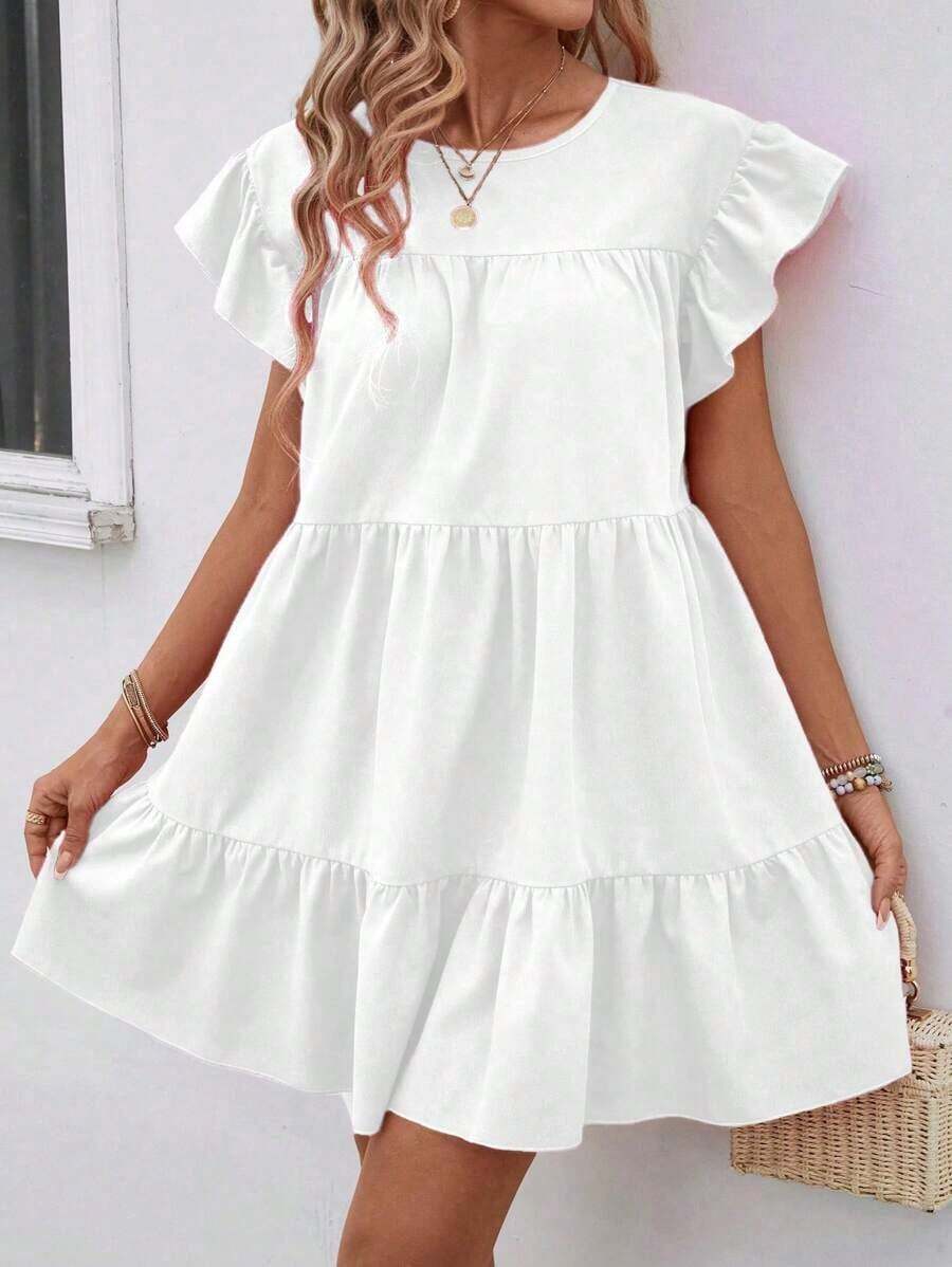 QRHJKa Vestido de Verano para Mujer, Color Sólido, Cuello Redondo, Estilo Babydoll Holgado con Volantes, Traje de Playa para Vacaciones, Vestido Casual Amarillo para Mujer, Vestido de Vacaciones, Ropa de Verano para Mujer - Blanco - Ver 1