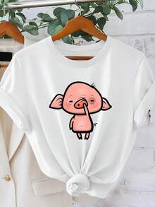 Camiseta de mujer con estampado divertido de cerdito mirándose la nariz |   Estilo divertido de dibujos animados, cuello redondo y manga corta |   Top casual y lindo que llama la atención |   Ropa de estilo resort para primavera/verano 2026 | Ropa Elegante para Mujer de Estilo Retro para Fiestas y Uso Diario - Camiseta Unisex de Manga Corta y Cuello Redondo de Algodón Suelto Estilo Vintage Urbano - Blanco - Ver 12