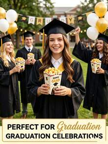 Cajas plegables de papel para palomitas de maíz, dulces y aperitivos con diseño de felicitaciones de graduación en negro y dorado para decoración de mesa de fiesta de graduación de escuela secundaria y universidad - Edición de graduación - Ver 3