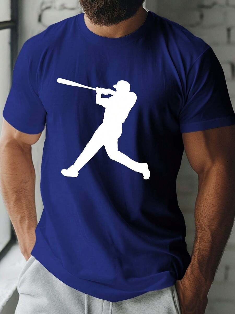 Camiseta con un momento de bateo de béisbol, perfecta para hombres, diseño casual de manga corta ideal para el verano - Azul - Ver 1