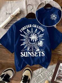 LUNE Women's T-Shirt, Casual Street Style Graphic Short Sleeve Tee, Cute Summer Top, Sunset Graphic Tee, Men's Graphic Tee, Summer T-Shirt, Sun Hoodie, Summer Sweatshirt, Summer Outfits For Women, Sweatshirts For Summer - 海軍藍 - 查看 1