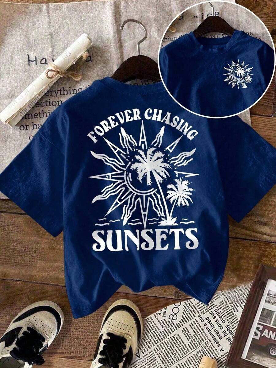 LUNE Women's T-Shirt, Casual Street Style Graphic Short Sleeve Tee, Cute Summer Top, Sunset Graphic Tee, Men's Graphic Tee, Summer T-Shirt, Sun Hoodie, Summer Sweatshirt, Summer Outfits For Women, Sweatshirts For Summer - 海軍藍 - 查看 1