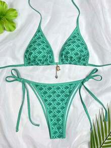Swim Mod - Conjunto de Bikini de Verano para Mujer, Estampado Floral Verde, Sexy, con Tiras y Copa Triangular - Amarillo - Ver 8