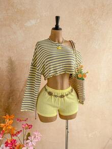 Casual 2-Piece Set Consisting Of A Cropped Top With An Irregular Neckline And Lettuce Hem, And Shorts, In A Solid Color, For Vacation, Spring/Summer - 黃色 - 查看 7