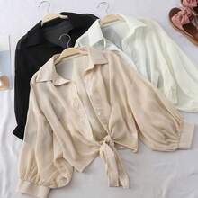 Women's Summer Chiffon Sun Protection Blouse, Tie Knot Hem Lantern Sleeve Sheer Shrug, Casual Lightweight Open Front Cardigan Cover Up - Grey - View 2