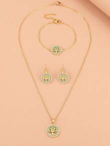 Set In Acciaio Inossidabile: Pendente A Forma Di Albero Del Denaro Con Dettagli Esclusivi Di Cristalli E Strass, Collana, Bracciale E Orecchini Come Regalo Di Nozze Per Donne - Dorato - Visualizzare 4