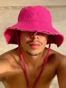 1pc Men's Drawstring Trim Bucket Hat, Adjustable Chin Strap Design, Distressed Finish, Soft Fabric, Sun Protection, Windproof, Fashionable, Suitable For Travel, Beach, Vacation, Casual Daily Use - A - View 8