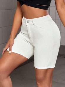 Solid Slant Pocket Skinny Denim Shorts - Blanco - Ver 6