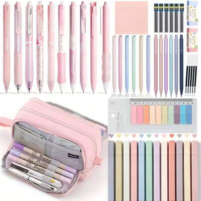 50pcs Deluxe Stationery Set, Includes 12 Highlighters, 10 Black Gel Pens (0.5mm Fine Tip), 6 Mechanical Pencils, Sticky Notes, Full Set Of Essential School/Office Supplies. Stationery Kit Suitable For Students, Teens, Girls, Adults