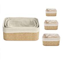 Set 3 Cestas de Almacenaje Rectangulares de Bambú con Forro de Tela Desmontable para Baño y Armario, Organizador de Estanterías Apilable, Color Natural, Medidas Grandes 30x20x12 cm - Ver 5