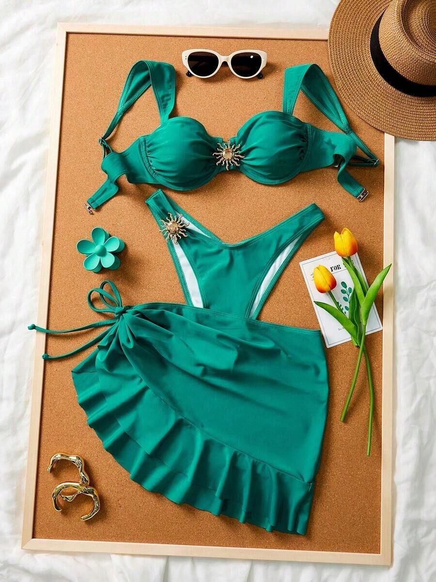 5GGJ Conjunto de bikini de 3 piezas con lunares, diseño de tirantes anchos con aros proporciona un soporte cómodo, creando un look de playa de moda, perfecto para la playa de verano y fiestas en la piscina - Agua verde azul - Ver 1