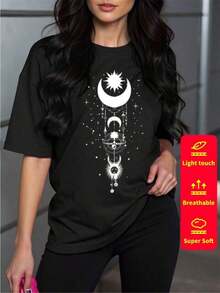 1 Pc Women's Short-Sleeved T-Shirt, Round Neck, 100% Cotton, Loose Fit, Casual And Versatile Style With Modern Print. 180g 100% Cotton - 8 - 查看 2