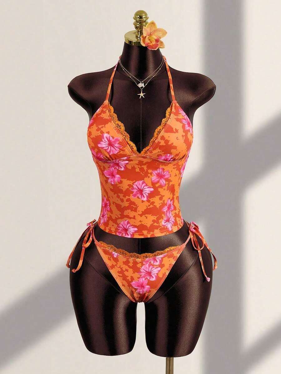 Conjunto de bikini de dos piezas con estampado floral tropical, parte superior tipo bandeau con tirantes atados y detalles de encaje para mujer, ideal para vacaciones de verano y playa - Multicolor - Ver 1