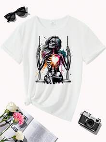 Camiseta de algodón de manga corta para mujer, camiseta con estampado gráfico de corazón esquelético - Cuello redondo suave y elástico, camiseta casual, lavable a máquina, ajuste cómodo para todas las estaciones, camiseta de estilo deportivo, camiseta de moda artística, tela no transparente. - Blanco - Ver 2