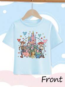 [Authorized] Toy Story Print Disney Girl's Summer Round Neck Casual T-Shirt Slightly Stretchy Fabric Suitable For Birthday Gifts Ideal For Daily Activities, Sports, And Travel Summer T-Shirts For Girls - Màu xanh nhạt - Xem 2