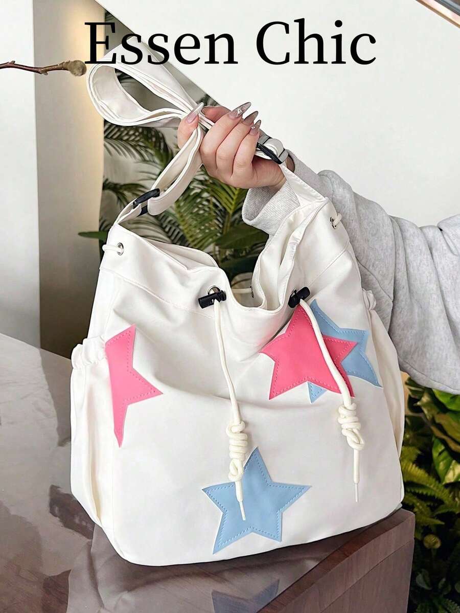 新款春夏纯色尼龙面料五角星装饰大容量女士手提包学生单肩斜挎包潮流星星镂空女包