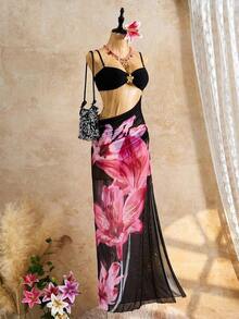2 piezas Conjunto de bikini para mujer, bikini con decoración de flor de metal y tirantes ajustables, vestido de playa bohemio con estampado de malla floral, conjunto de 3 piezas de traje de baño, adecuado para playa, vacaciones y fiesta de piscina en verano negro - Negro - Ver 2