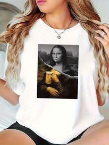 Camiseta de Mujer con Retrato de la Mona Lisa - Manga Corta, Cuello Redondo, Estampada, Estilo Casual, Adecuada para Primavera, Verano y Todas las Temporadas - Diseño de la Mona Lisa Lavable a Máquina - Blanco - Ver 12