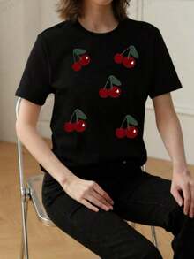 180g Made In Mexico, Spring/Summer 2026 Fashion Short Sleeve T-Shirt, Cartoon Print, Couple Style, Underwear/Outerwear, Casual Round Neck For Office, Unisex One Piece Top - 黑色 - 查看 2