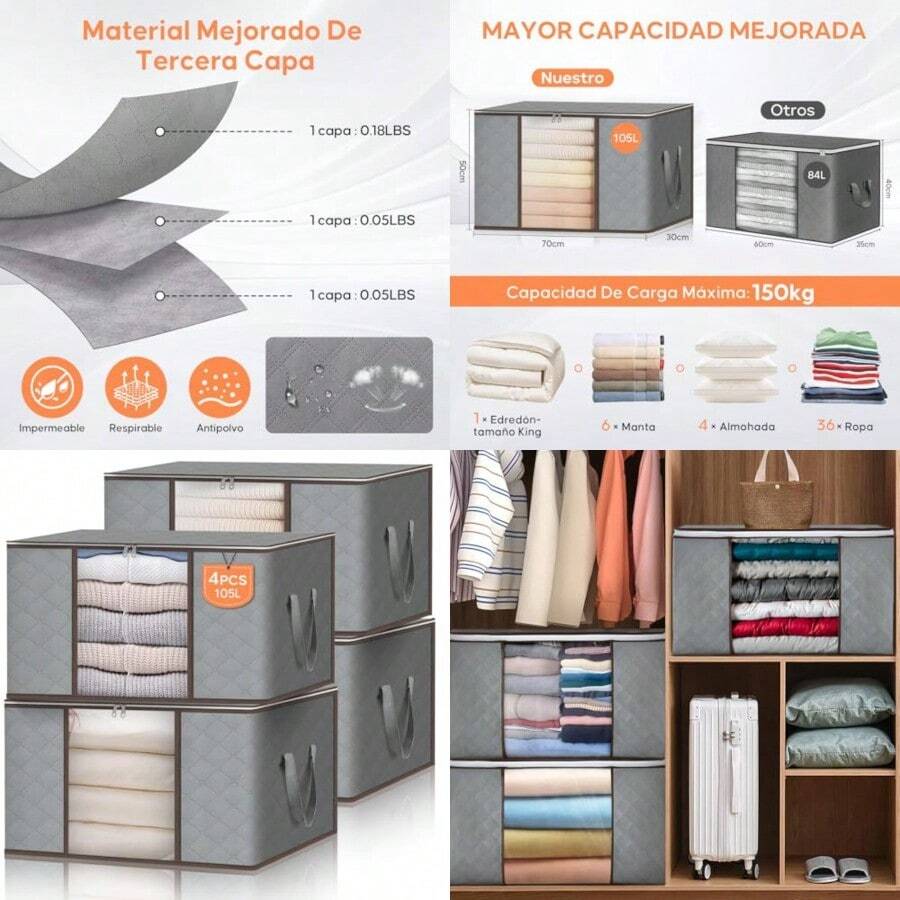 VIOPY 105L Bolsas De Almacenamiento 4 Piezas Bolsas Para Guardar Cobijas Y Edredones Transparente Plegable Cajas De Almacenamiento Para Ropa Con Asa Reforzada Almacenamiento Para Ropa De Cama - gris - Ver 1