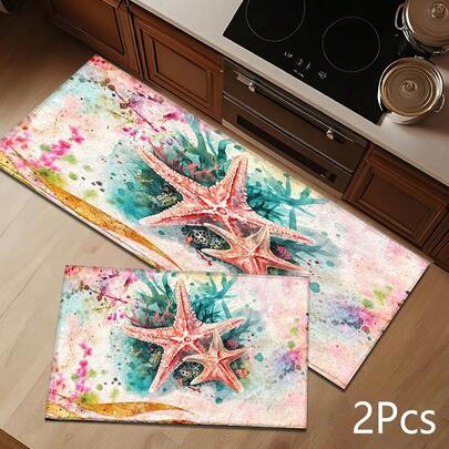 2D Starfish Print Pattern Doormat, Soft & Durable Washable Floor Rug For Entryway, Porch, Indoor - Living Room, Bathroom, Bedroom, Game Room, Laundry Room, Dorm Decor