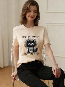 Nueva Camiseta de Verano 2026, Estilo Simple y Moderno con Estampado de Lema, Corte Holgado, Cuello Redondo y Manga Corta, Ideal para Uso Diario y Vacaciones.Camiseta de mujer. 100% algodón, talla grande, adecuada para uso diario en la calle o para salidas. - Albaricoque - Ver 2