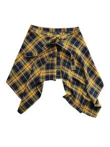 Retro Plaid Jumpsuit Skirt, Decorative Waist Tie Neutral High Waist Ruffle Hem Apron, Versatile Daily Wear Accessory - Multicolor - View 8
