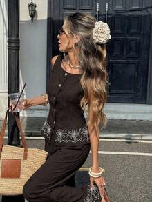 Conjunto casual de 2 piezas con blusa de un solo pecho con estampado floral y pantalones de pierna ancha para mujer - Burdeos - Ver 3